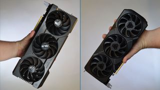 A man's hand holding an Nvidia RTX 4070 Ti and another man's hand holding an AMD Radeon RX 7900 XT