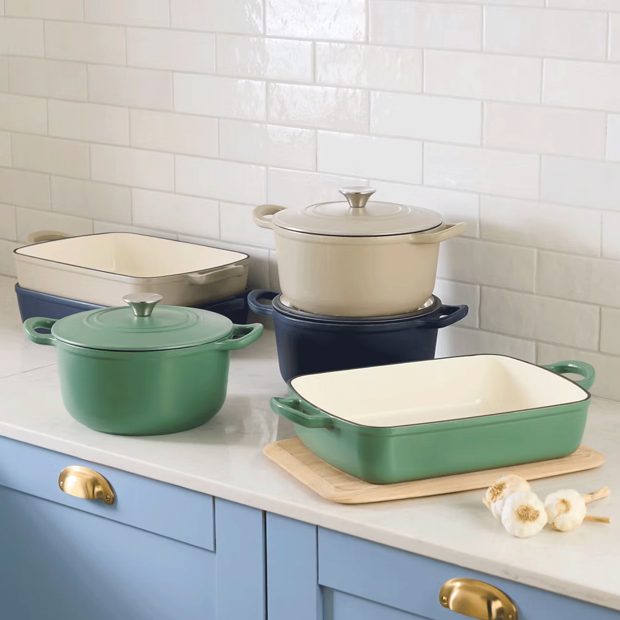 Aldi cast iron dishes on a blue kitchen countertop