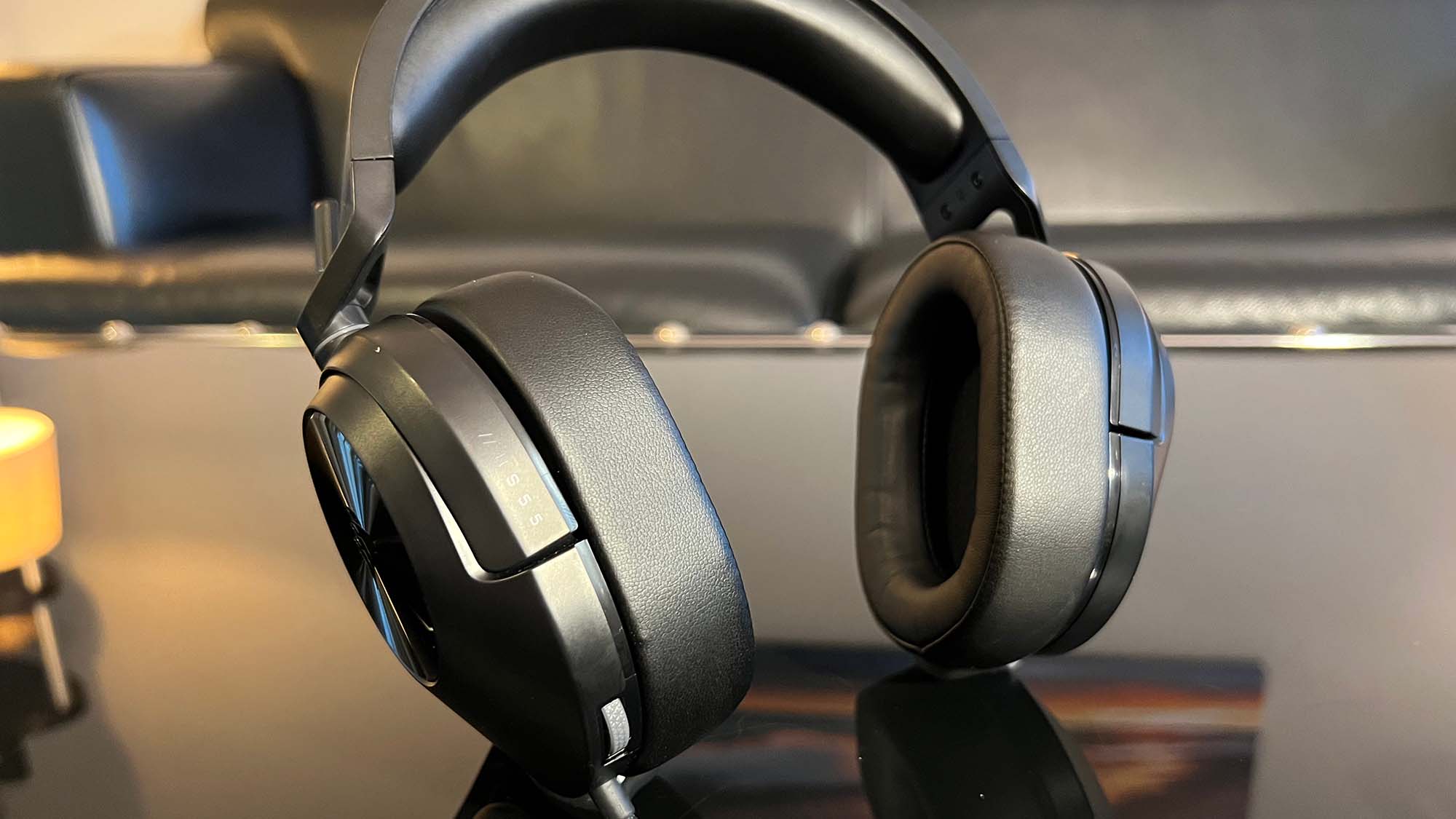The ear cups of a Corsair HS55 Stereo.