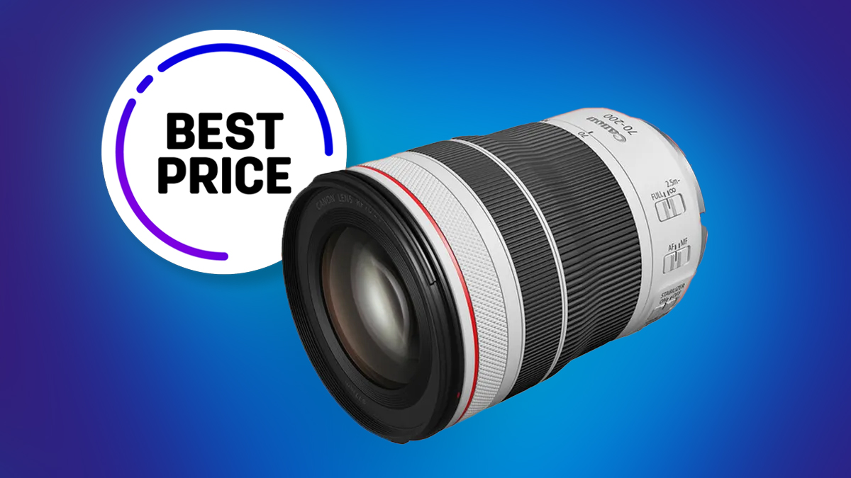 A Canon 70-200mm lens showcased against a vibrant blue background, with a 'Best Price' label prominently displayed