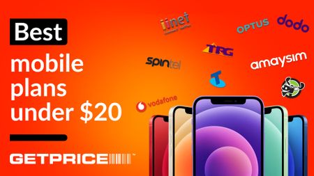 Red/orange background with writing that says Best mobile plans under $20 in white with GetPrice logo underneath and different coloured iphones to the right of it with lots of telco provider logos above