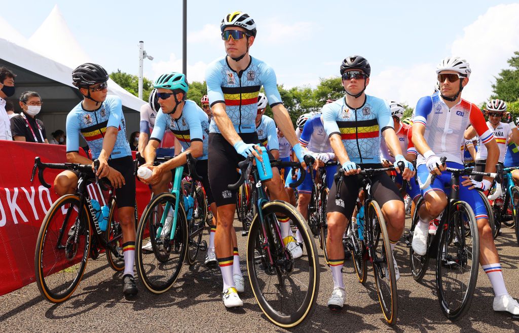 OYAMA JAPAN JULY 24 LR Mauri Vansevenant Tiesj Benoot Wout van Aert Remco Evenepoel and Guillaume Martin of Team France prior to the Mens road race on day one of the Tokyo 2020 Olympic Games on July 24 2021 in Oyama Shizuoka Japan Photo by Tim de WaeleGetty Images