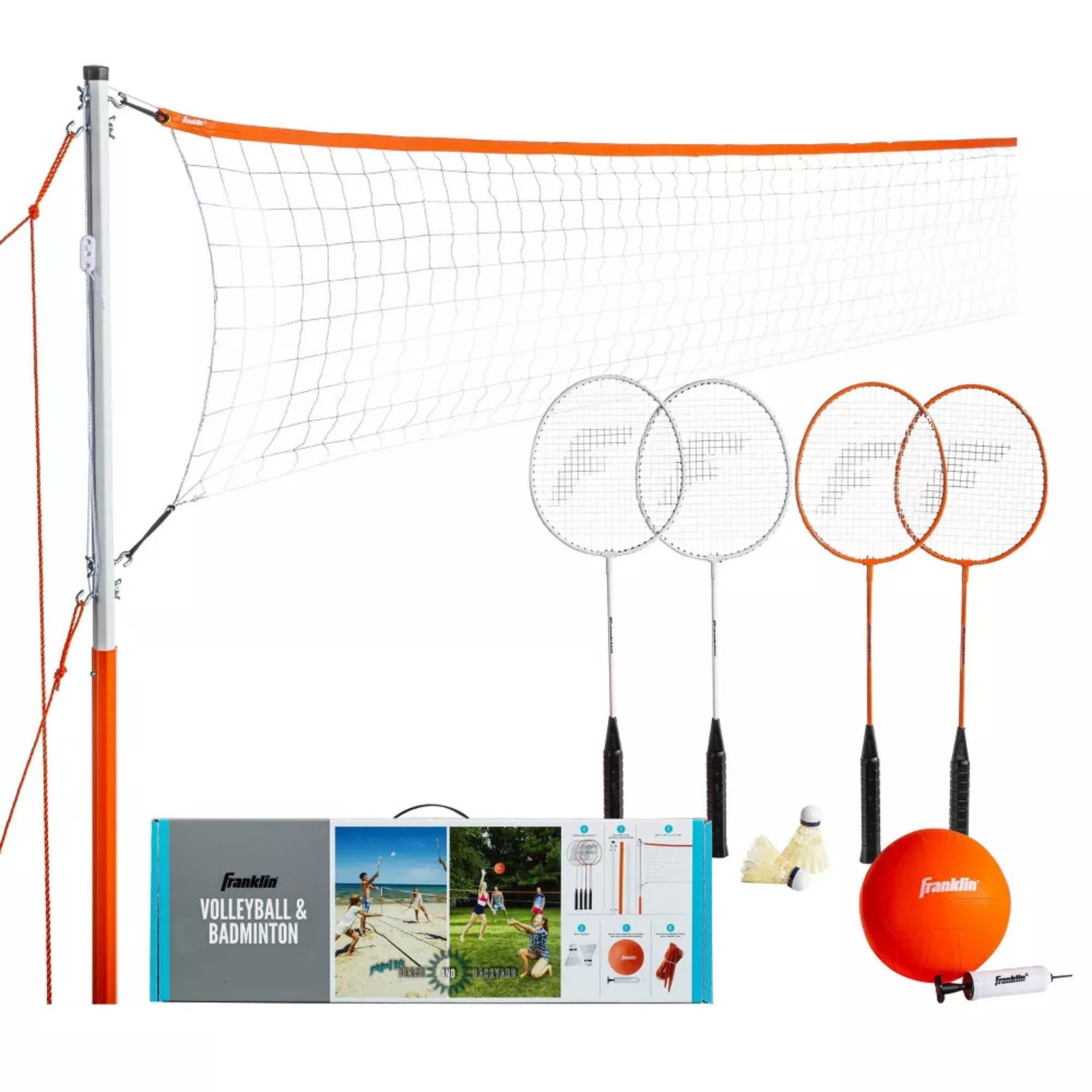 Orange badminton net with four rackets, orange volleyball and cream shuttlecocks
