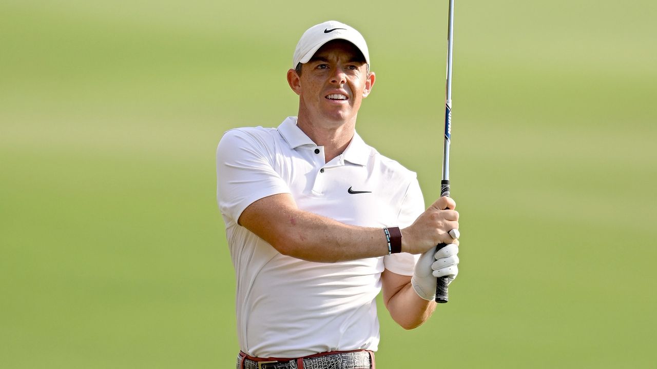 Rory McIlroy hits an iron shot