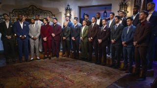 Jenn Tran's men stand at the first rose ceremony of The Bachelorette Season 21.