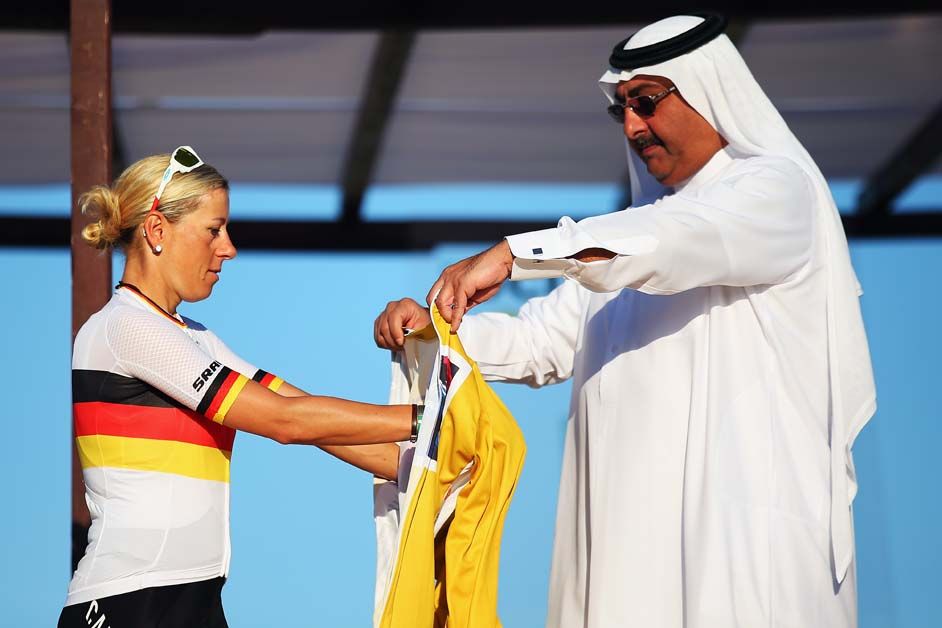 Trixi Worrack gets her leader's jersey