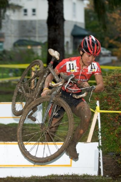 Linda Stone (Planet Bike) charges over the barrier.