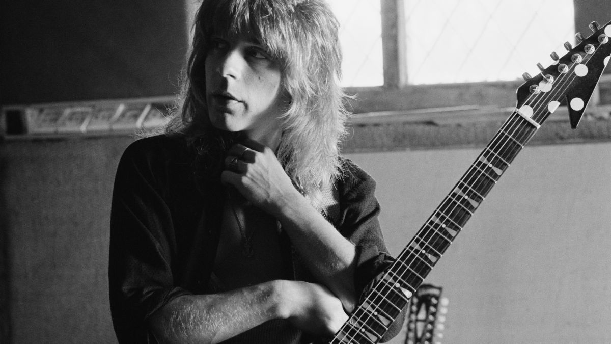 American guitarist Randy Rhoads recording Ozzy Osbourne's 'Blizzard of Ozz' album at Ridge Farm Studio, 1980.