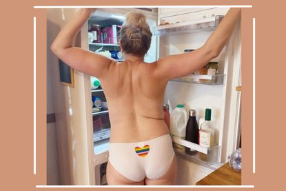 New year new me illustrated by naked woman standing in front of fridge