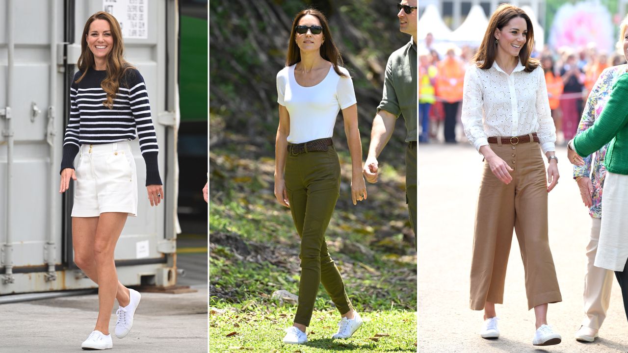 Split image of kate middleton wearing white superga sneakers 