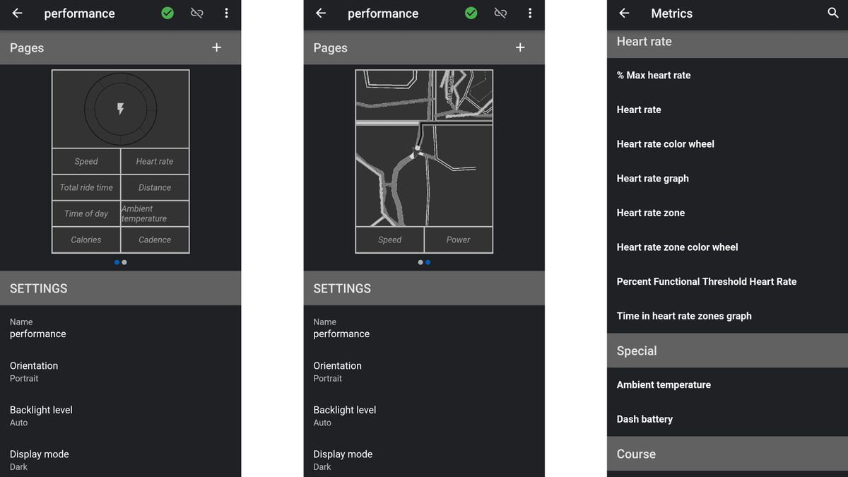 Stages Dash L200 Cycling Computer details of the app settings up screens
