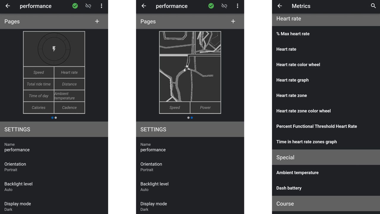 Stages Dash L200 Cycling Computer details of the app settings up screens