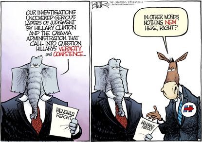 Political cartoon US Hillary Clinton Benghazi report GOP