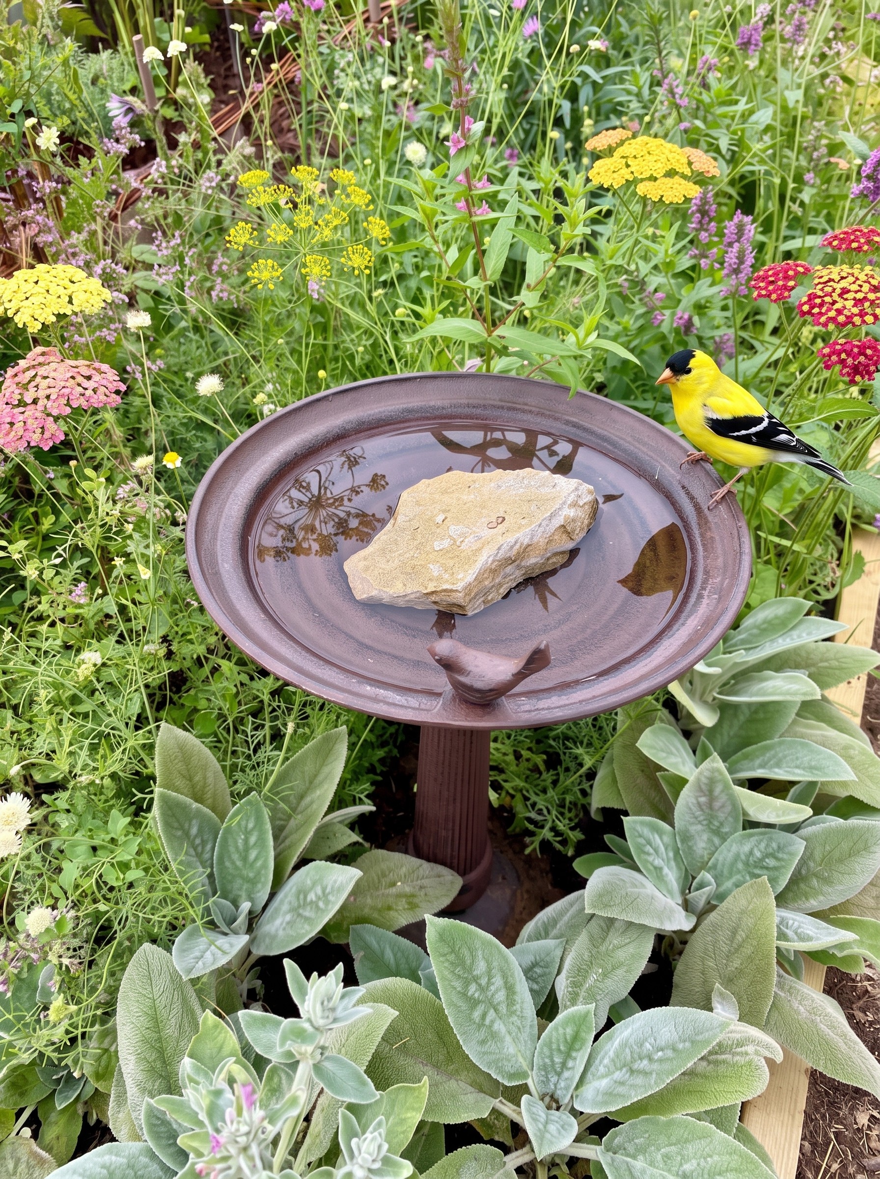 goldfinch in a bird bath