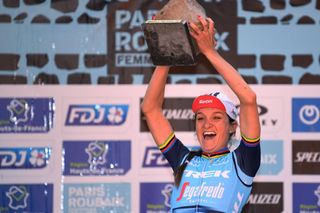 ROUBAIX FRANCE OCTOBER 02 Elisabeth DeignanArmitstead of United Kingdom and Team Trek Segafredo holding the trophy on the podium ceremony after the 1st ParisRoubaix 2021 Womens Elite a 1164km race from Denain to Roubaix ParisRoubaixFemmes ParisRoubaix on October 02 2021 in Roubaix France Photo by Tim de WaeleGetty Images