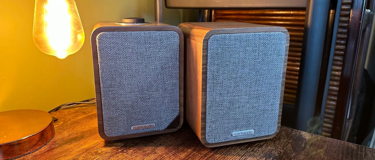 The Ruark Audio MR1 Mk2 speakers on a wooden desk.