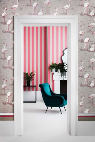 Pink flamingo and striped hallway wallpaper ideas