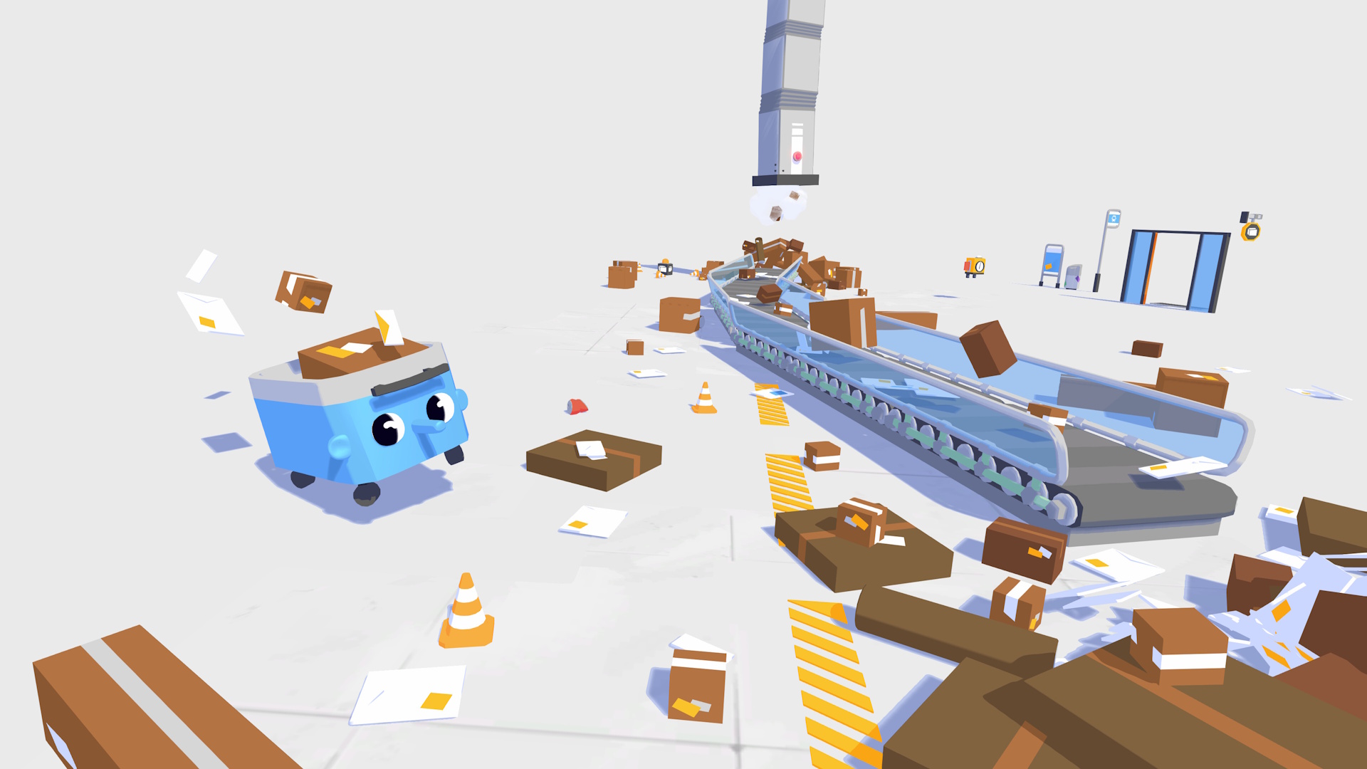 Henry Halfhead screenshot featuring Henry at work in a mailroom while possessing a cart
