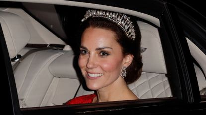 Catherine, Duchess of Cambridge departs after attending the annual Diplomatic Reception at Buckingham Palace on December 8, 2016 in London, England.