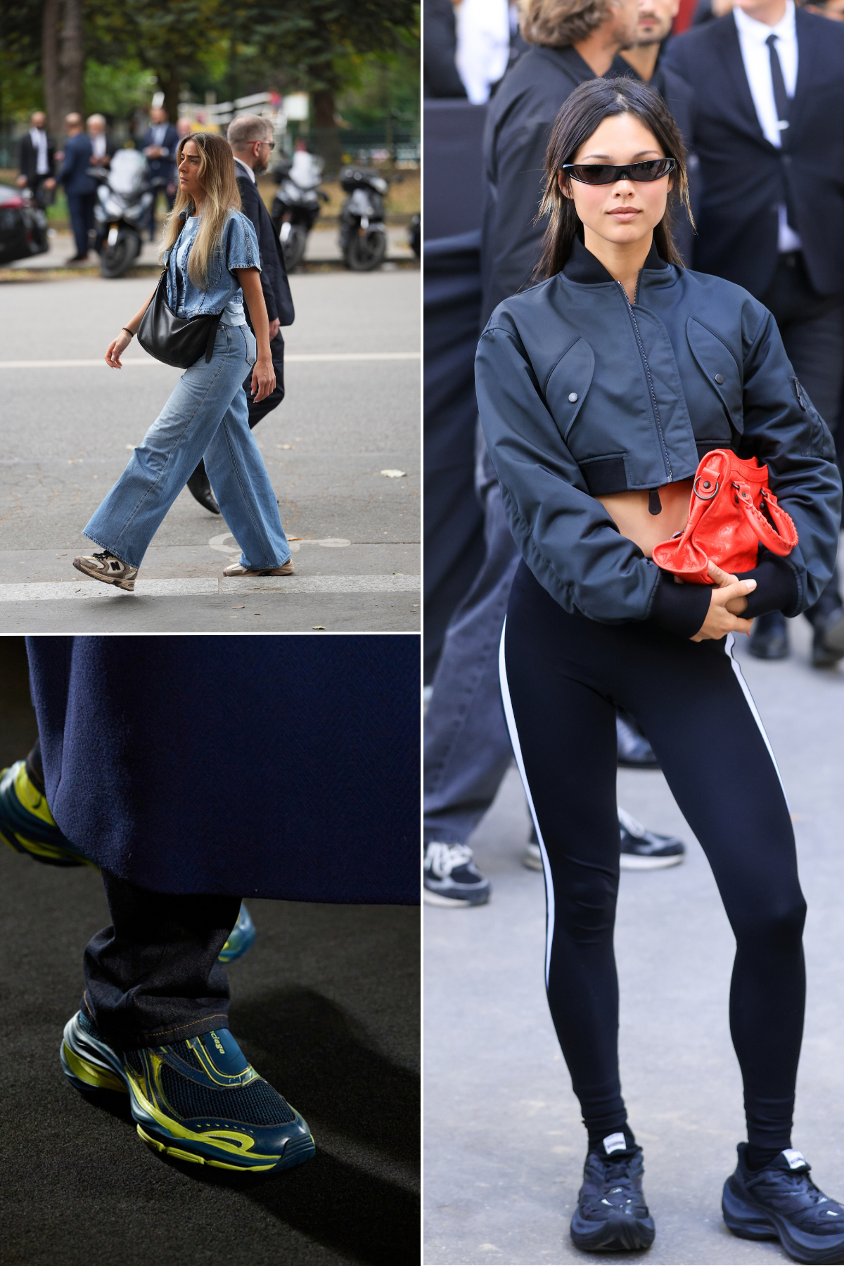 Paris fashion week street style trainer trends September 2026: the return of chunk. Three fashion people wear chunky trainers. They are styled with wide leg jeans, leggings and strovepiepe jeans.