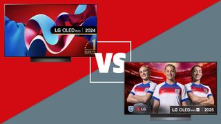 An LG C5 and C4 TV on a red and grey background with a white versus sign between them.