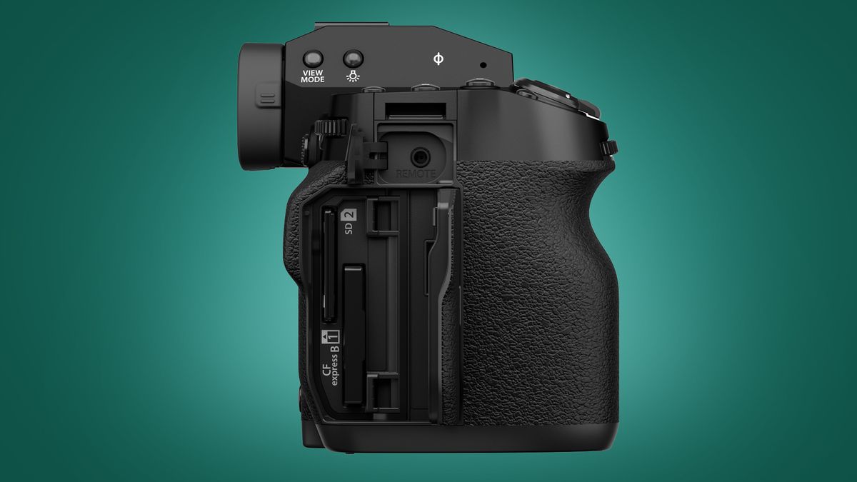 The Fujifilm X-H2S on a green background