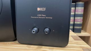 KEF LS50 Meta stereo speakers back panel with single pair of speaker terminals