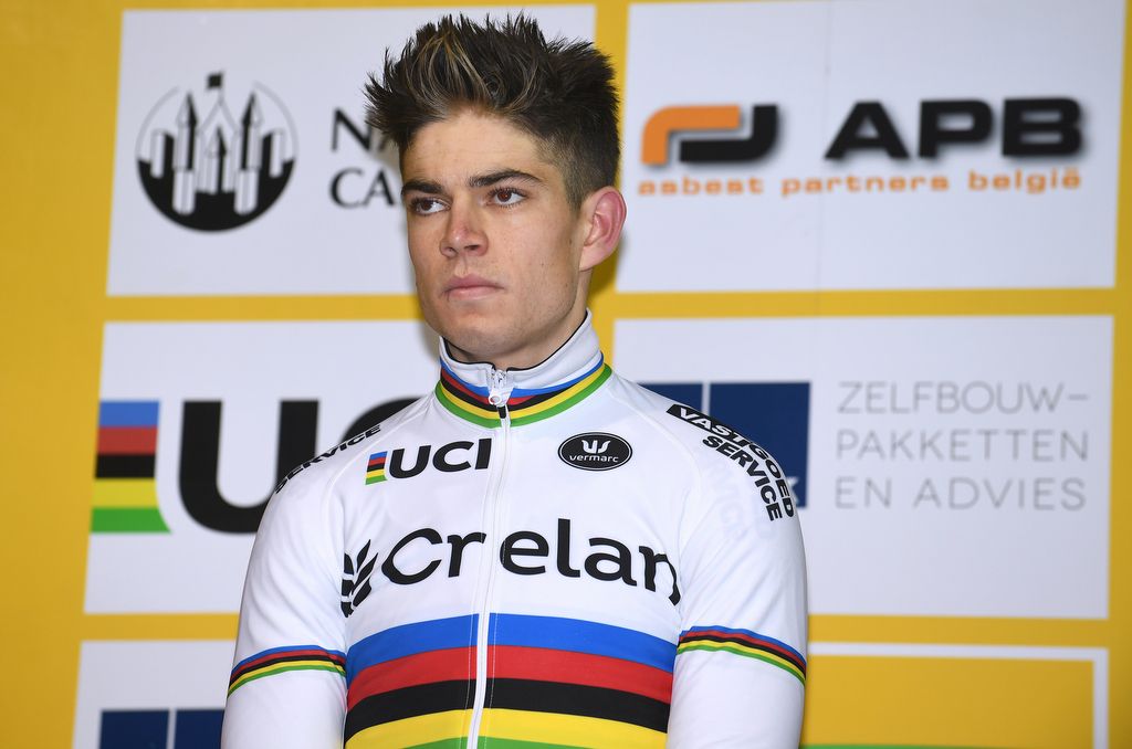 An unhappy Wout Van Aert (Crelan-Vastgoedservice) on the podium