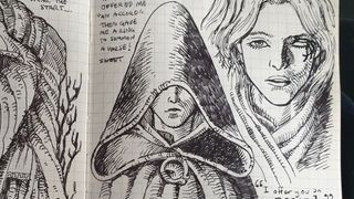 Ink drawings of Elden Ring on journal page.