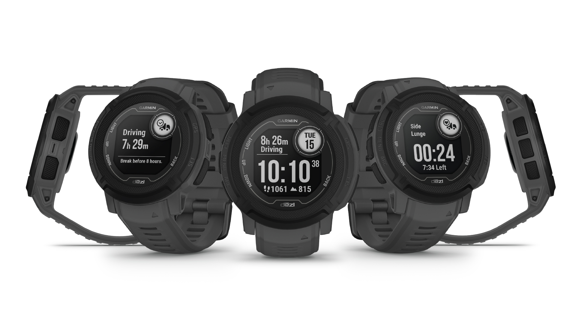 Jam tangan Garmin Instinct 2 Dezl Edition ditampilkan dari berbagai sudut