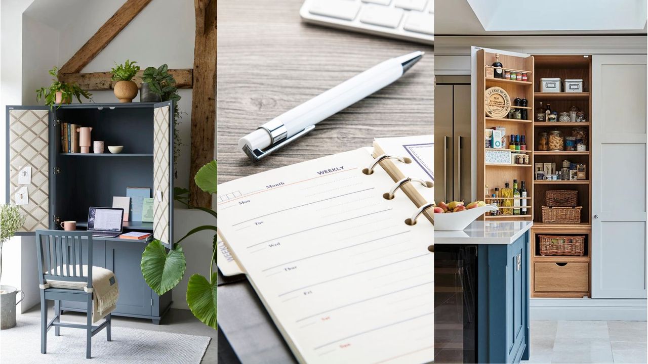 Images of an organized home, with a weekly calendar in the middle