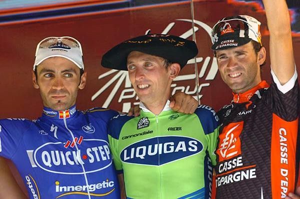 Podium with Juan Manuel G&aacute;rate (Quick.Step Innergetic), Leonardo Bertagnolli (Liquigas) and Alejandro Valverde (Caisse d'Epargne).