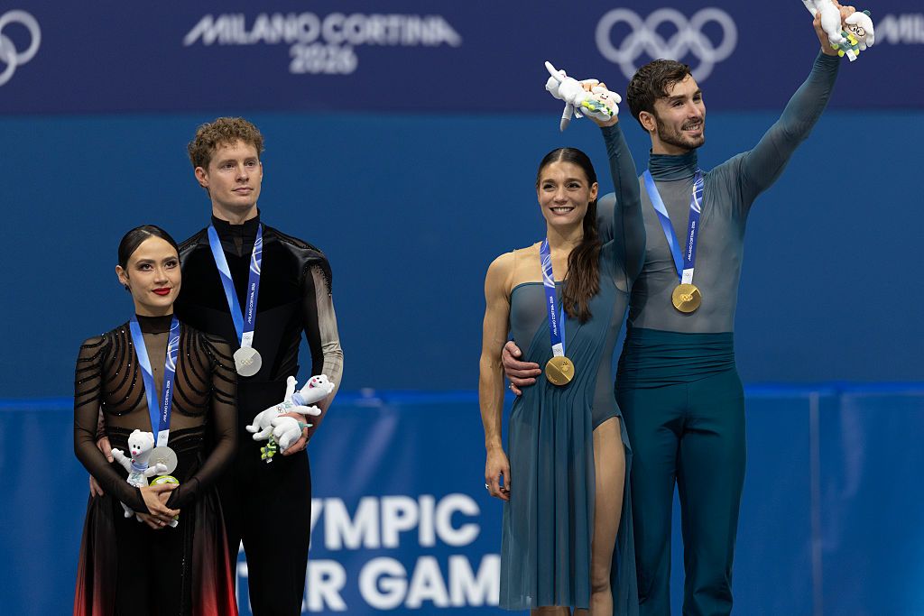 Gold medal winners Laurence Fournier Beaudry and Guillaume Cizeron of France on the podium with silver medal winners Madison Chock and Evan Bates of the United States after the Figure Skating, Ice Dance Free Dance at the Milano Ice Skating Arena at the Milano Cortina Winter Olympic Games 2026 on February 11th, 2026 in Milan, Italy.
