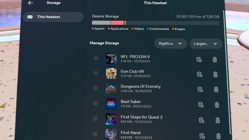 The Meta Quest 3 storage summary page showing how much space is currently taken up by which games. There is currently 93GB out of 128GB left on this headset.