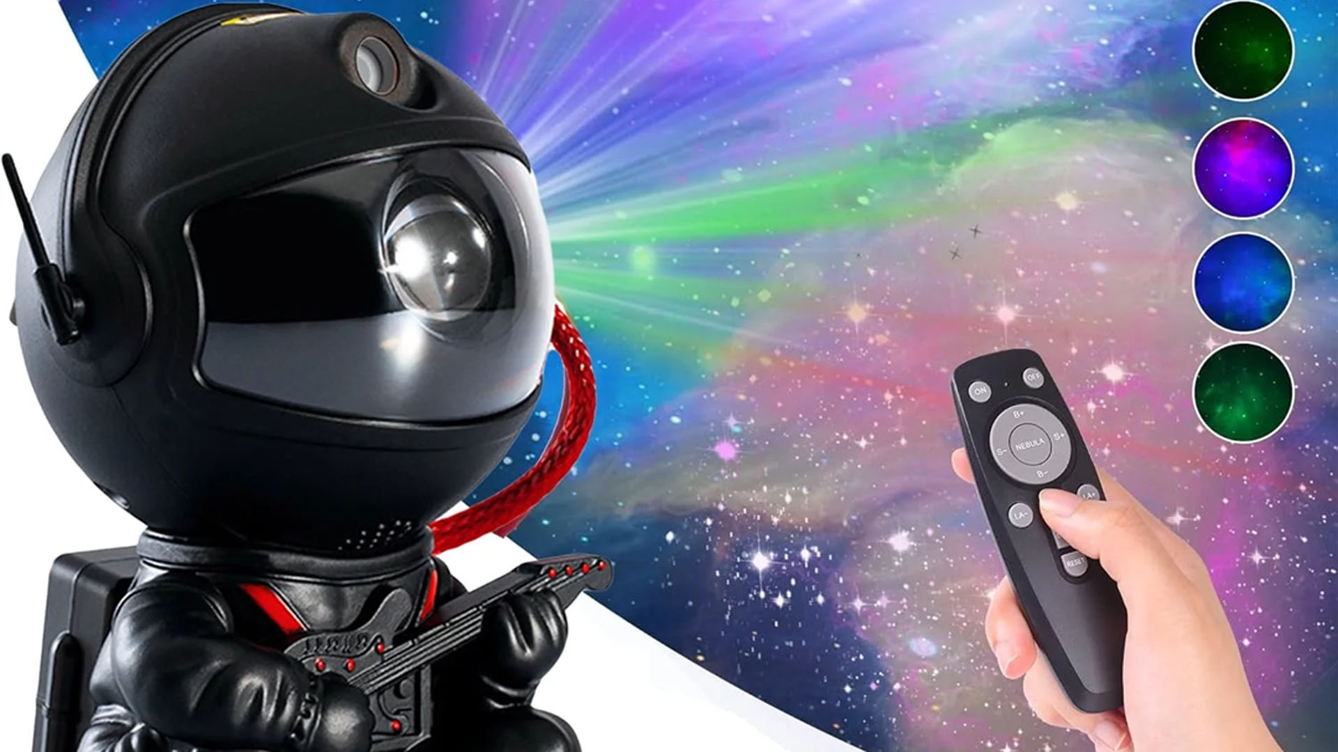 A HQinX Astronaut Star Projector projecting stars and a galaxy.