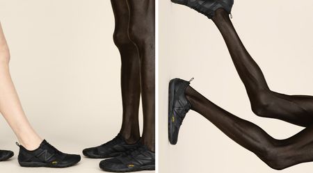 Pictures of the legs of people wearing the new Issey Miyake New Balance sneaker in black