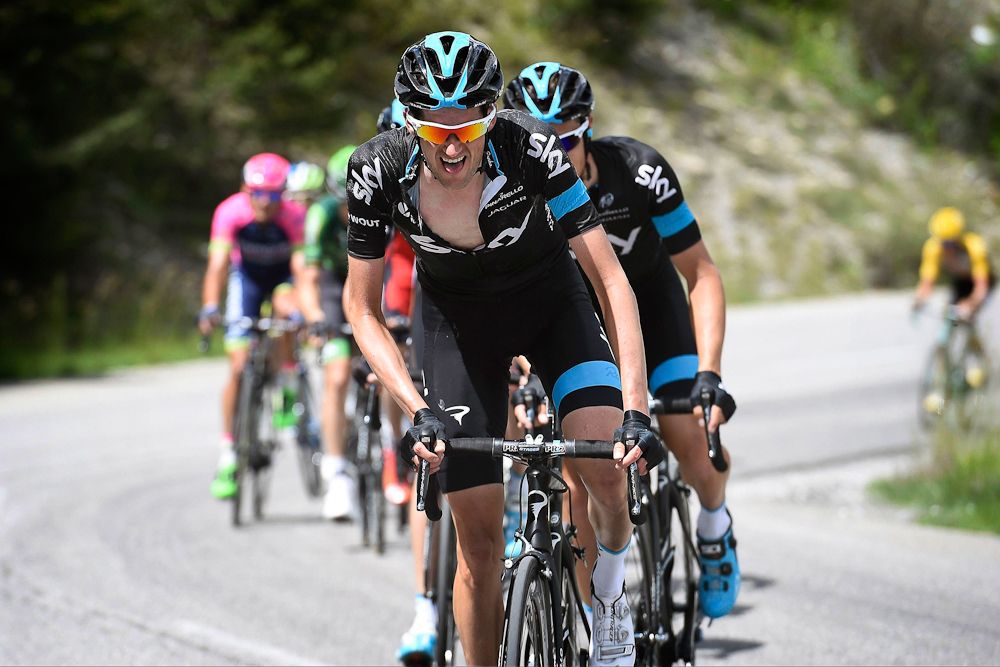 Wout Poels drives the pace for Team Sky.