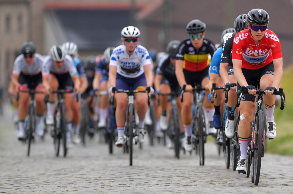 GALMAARDEN BELGIUM JUNE 24 Jolien Dhoore of Belgium and Belgium National Team Red Leader Jersey during the 9th Lotto Belgium Tour 2021 Stage 2 a 1375km stage from Galmaarden to Galmaarden LottoBelgTour LottoBelgiumTour on June 24 2021 in Galmaarden Belgium Photo by Luc ClaessenGetty Images