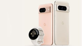 Google Pixel 8 Pro, Pixel 8 og Pixel Watch 2 i fargene rose og porselen.