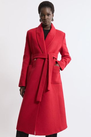 Karen Millen Italian Manteco Wool Blend Wrap Belted Tailored Midi Coat