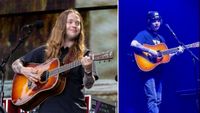 Billy Strings performing live, and again in Fishers, Indiana with a helmet on having been struck by a lighter the night before