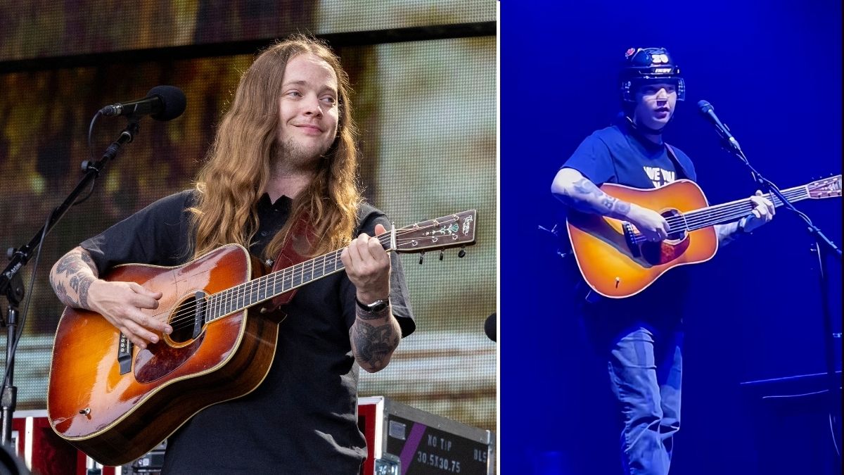 Billy Strings performing live, and again in Fishers, Indiana with a helmet on having been struck by a lighter the night before