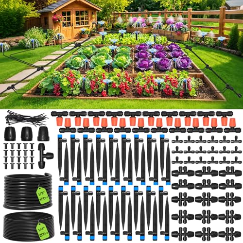 Mixc 300ft Drip Irrigation System Kit, Automatic Garden Misting Watering System With 100ft 1/2" &amp;amp; 200ft 1/4" Irrigation Tubing, Fitting, Adjustable Emitter for Greenhouse Lawn Raised Bed Potted Plant