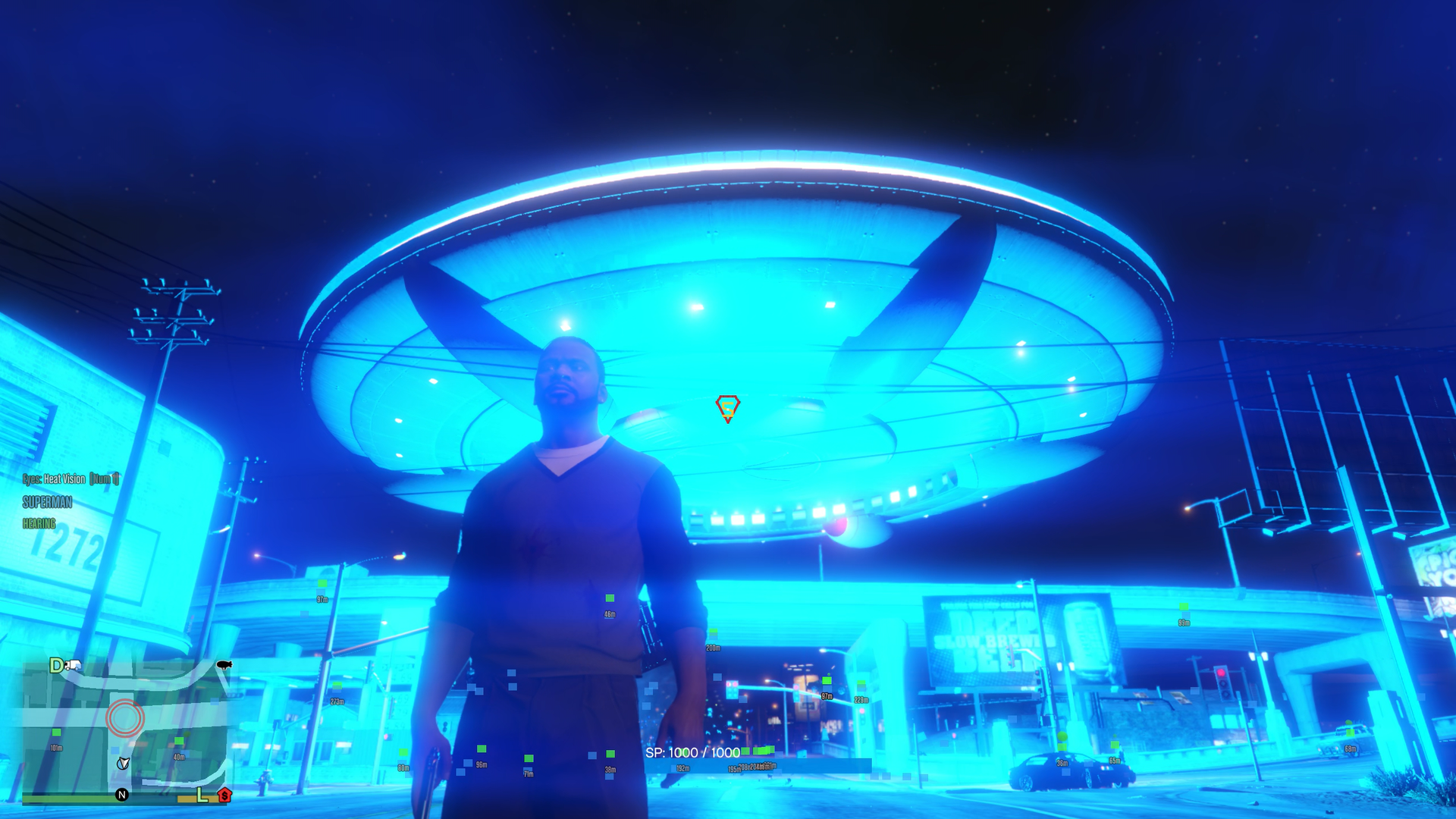 Franklin in front of an UFO, illuminated in a blazing blue light.