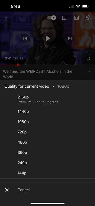 A screenshot of the YouTube resolutions menu with the 2160p resolution accompanied by the words "Premium- tap to upgrade"