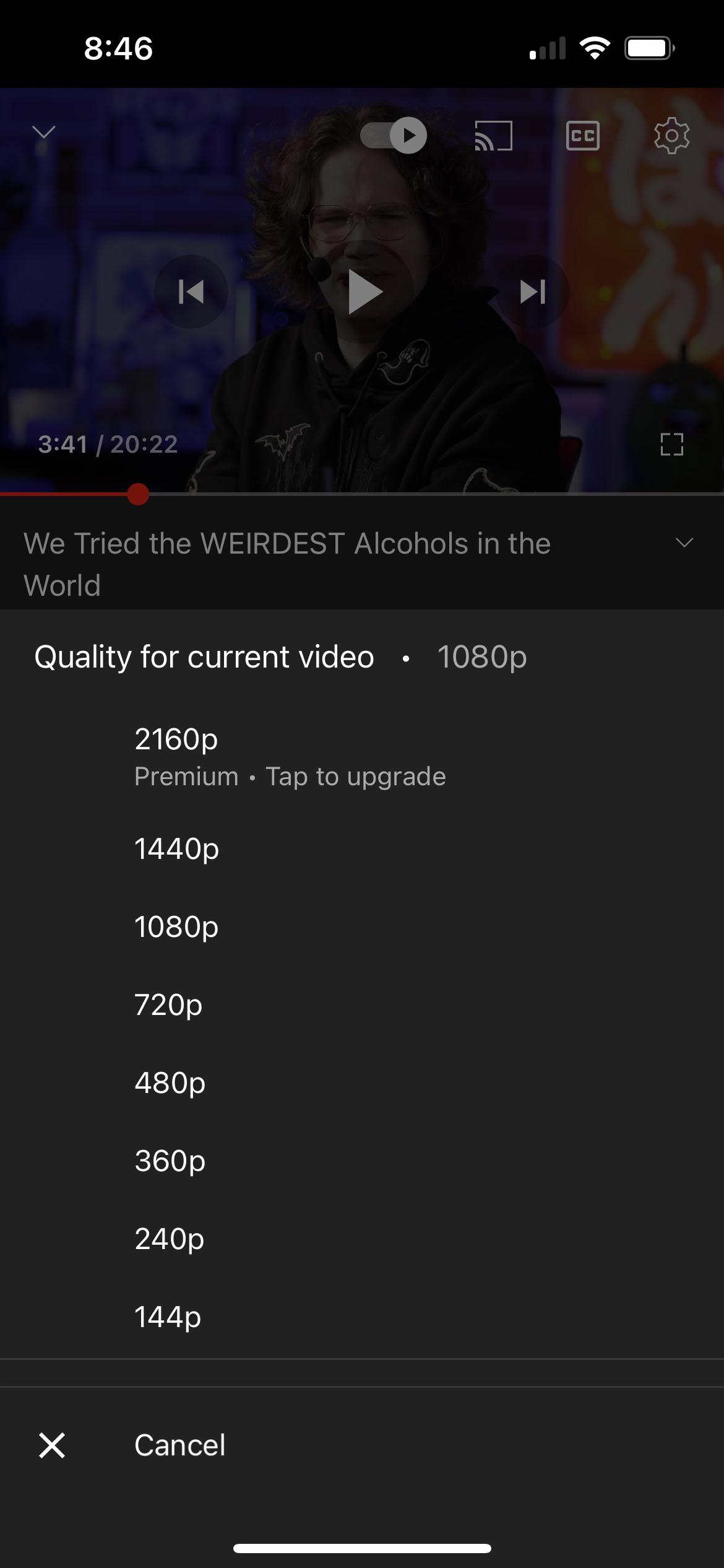 Ein Screenshot des YouTube-Auflösungsmenüs mit der 2160p-Auflösung, begleitet von den Worten 