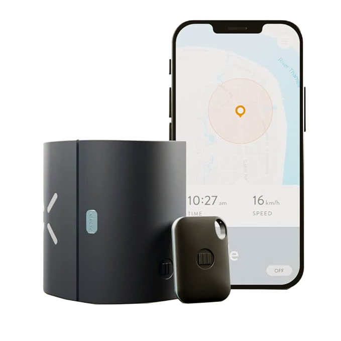 Cycloops Bike tracker and app shown on a Phone