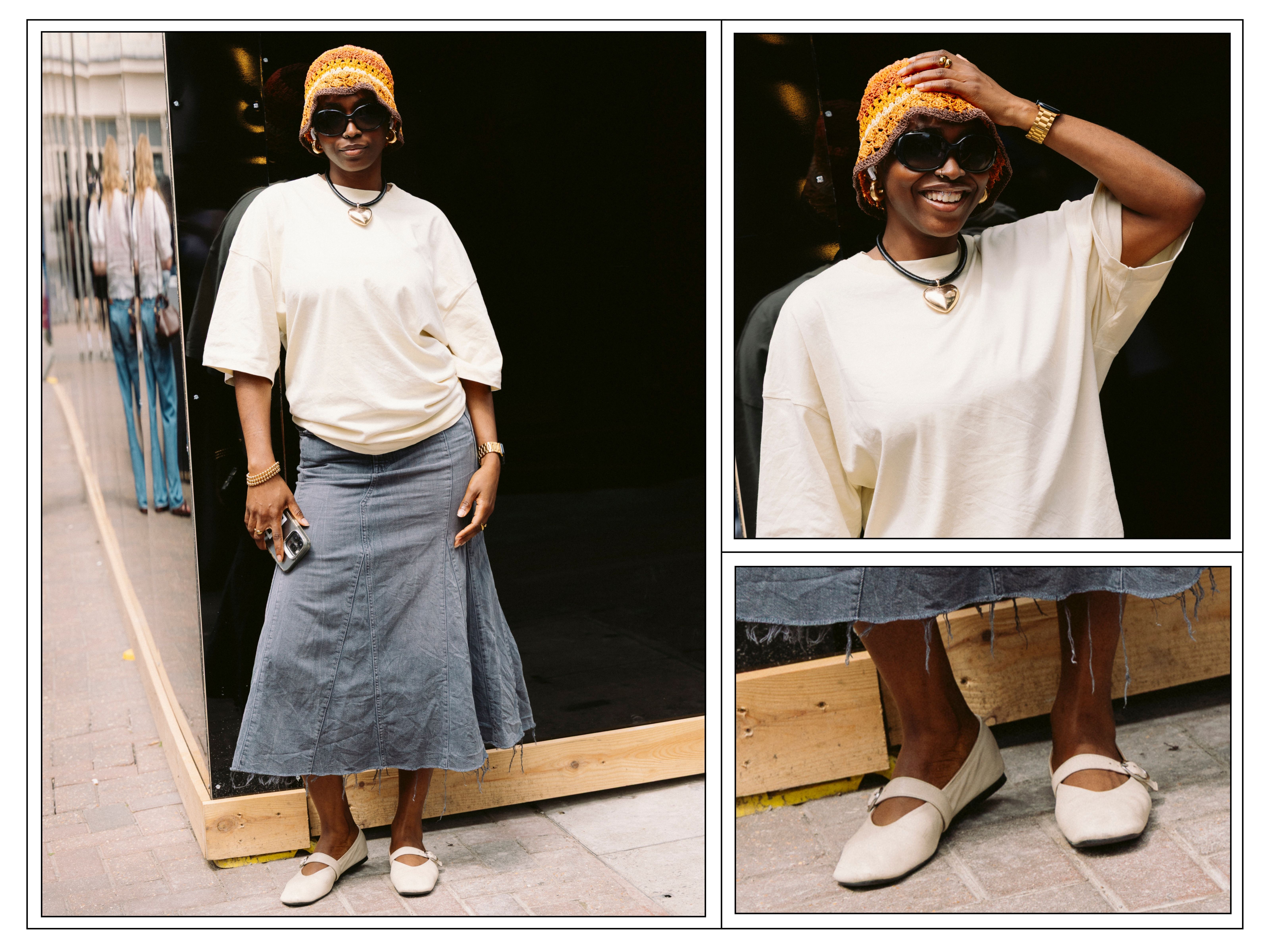 A woman wears a denim skirt, boxy white T-shirt, mary janes and crochet hat in London