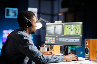 Man looking at computer screen and a video interface. Ross Video