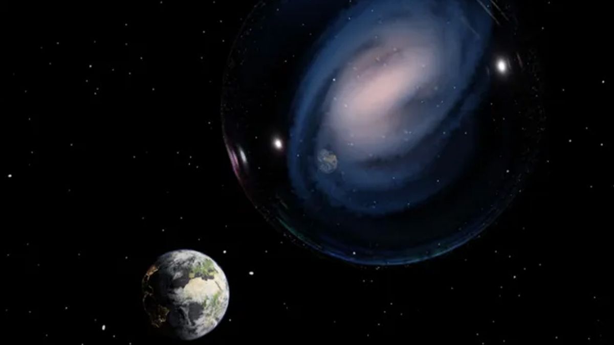 An artistic representation of the spiral barred galaxy ceers-2112, observed in the early universe. The Earth is reflected on an illusive bubble surrounding the galaxy, recalling the connection between the Milky Way and ceers-2112.